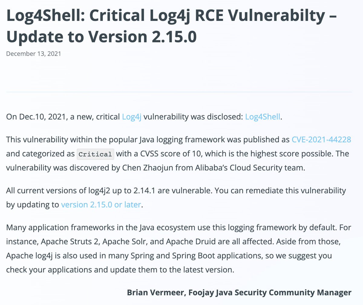 foojayio's tweet photo. Today, read @BrianVerm @snyksec, and https://t.co/zeggXEOtb9's #Java security community manager, assessment of the #Log4j RCE Vulnerability, on https://t.co/zeggXEOtb9: https://t.co/lNWpdGIkdA #foojaytip #log4shell https://t.co/uAAAdJjdm3
