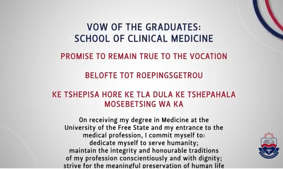 UFSweb's tweet photo. Dean of the Faculty of Health Sciences, Prof van Zyl, now requests the graduates in the School of Clinical Medicine take a vow to their profession. 

#UFSGraduation2021 | #UFSVirtualGraduation https://t.co/hC6v8TF2RJ