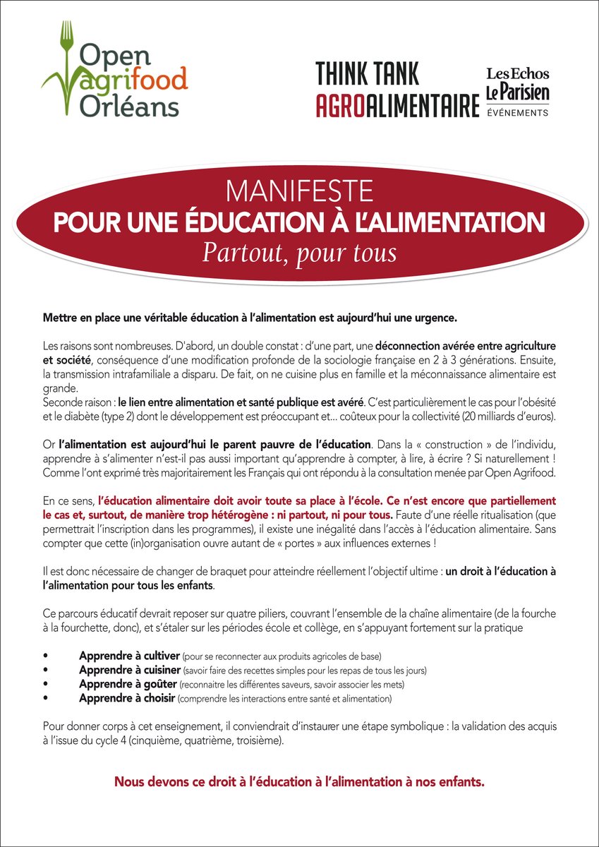 Dauvers70's tweet photo. Plaidoyer pour l’Éducation à l’alimentation (et l’inscription dans les programmes). Bien davantage donc que de "simples" cours d’éducation alimentaire au gré des bonnes volontés ça et là). 
Le MANIFESTE du #ThinkTank AgriAgro @LesEchos &amp; @OAgrifood ici >> https://t.co/mfiDSglNwB https://t.co/svK6iT6vtz