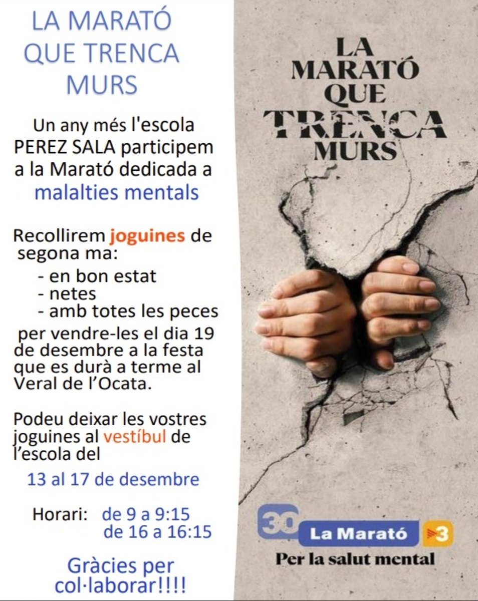 Un any més, l'AFA de l'escola participarà a la Marató de TV3 i és per això que demanem la vostra col·laboració!!!
Gràcies!