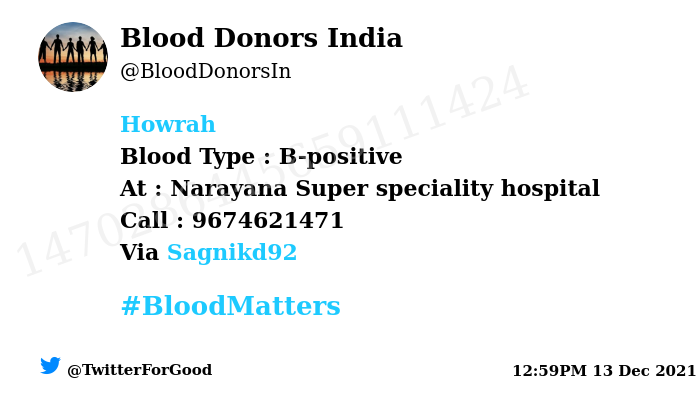 Blood Donors India (@blooddonorsin) on Twitter photo #Howrah
Need #Blood Type : B-positive
Blood Component : Blood
Number of Units : 2
Primary Number : 9674621471
Patient : Dibyendu Bhattacharya
Via: <a href="/Sagnikd92/">Sagnik Das</a>
#BloodMatters
Powered by Twitter #Howrah
Need #Blood Type : B-positive
Blood Component : Blood
Number of Units : 2
Primary Number : 9674621471
Patient : Dibyendu Bhattacharya
Via: <a href="/Sagnikd92/">Sagnik Das</a>
#BloodMatters
Powered by Twitter