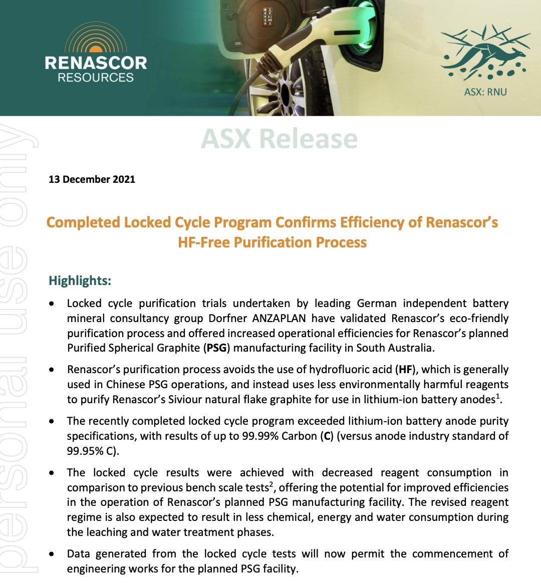 Renascor aims to produce 100% Australian-made #Battery-grade #Graphite at globally competitive costs, while delivering positive #ESG outcomes. #PurifiedSphericalGraphite.  #criticalminerals #ESGinvesting #CleanEnergy #Sustainability #HFfree $RNU #RNU