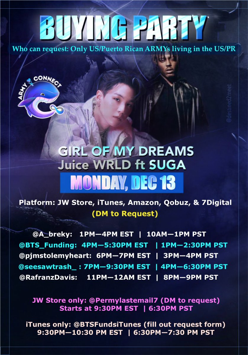 Army_Connect's tweet photo. 📢 We've coordinated a #GirlOfMyDreams buying party for Monday, Dec 13.

Funders: @a_breky, @BTS_funding, @pjmstolemyheart, @seesawtrash_, @RafranzDavis, @permylastemail7, &amp; @BTSFundsiTunes 

📌Each funder will fund at a different time to accommodate everyone's schedule. https://t.co/E66fu1C8ci
