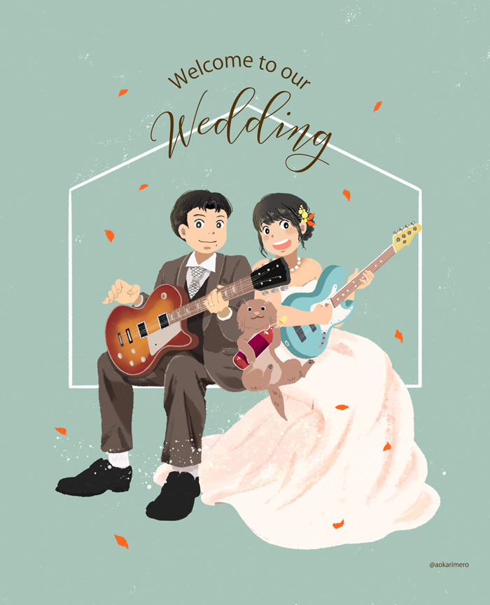 「旧友にウェルカムボードを贈りました。結婚式も最高に楽しくて。久々に皆が集まれる場」|aoのイラスト