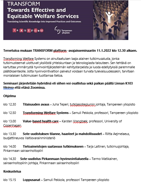 auvinen_anssi's tweet photo. Sote- ja laajemminkin palvelujärjestelmän vaikuttavuutta ja oikeudenmukaisuutta koskeva laaja hankekokonaisuus polkaistaan käyntiin 11.1. Tulkaahan kuulolle ja keskustelemaan! 
@SamuliPekkola @liina_kaisa @mark_van_gils @RiittaSauni @JRuusuvuori @KatjaKuusisto @JRuusuvuori https://t.co/obUGrsQoZm