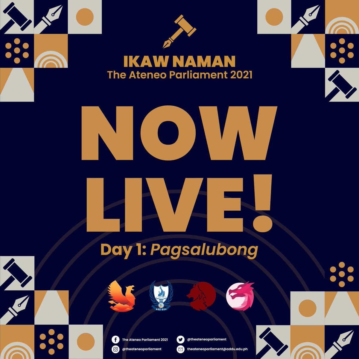 theateneopar's tweet photo. Halina’t salubungin ang mga makabagong lider ng Ateneo! 👩‍⚖️👨‍⚖️

Welcome to the Live Opening Ceremony of Ikaw Naman: The Ateneo Parliament 2021! 

Atenista, ikaw naman! ✍️

Tune in via: https://t.co/g8yqoEoc3R https://t.co/uGNdMl3lbm