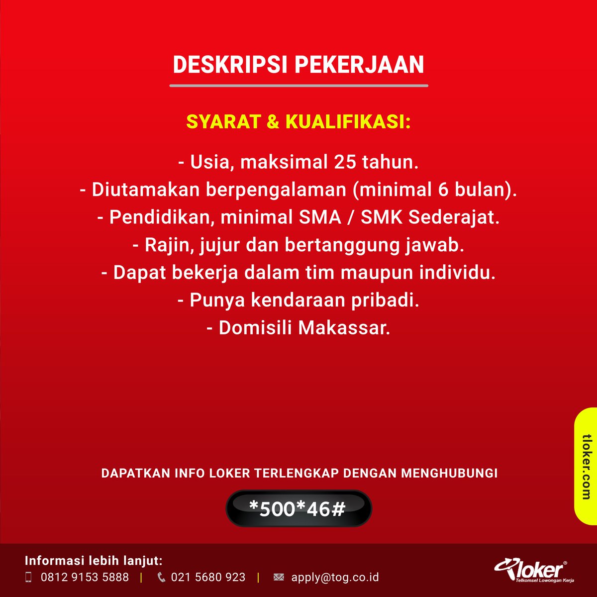 info_tloker's tweet photo. Kirim CV terbaru kamu ke nomor kontak atau email yang tertera pada design gambar. Like dan Share lowongan ini kepada teman, saudara atau tetangga kamu yang membutuhkan.

#interviewquestions #lowongankerjajakarta #lowonganpekerjaan #lowonganterbaru #lowongankerja2021 https://t.co/yj5dGRB6oK