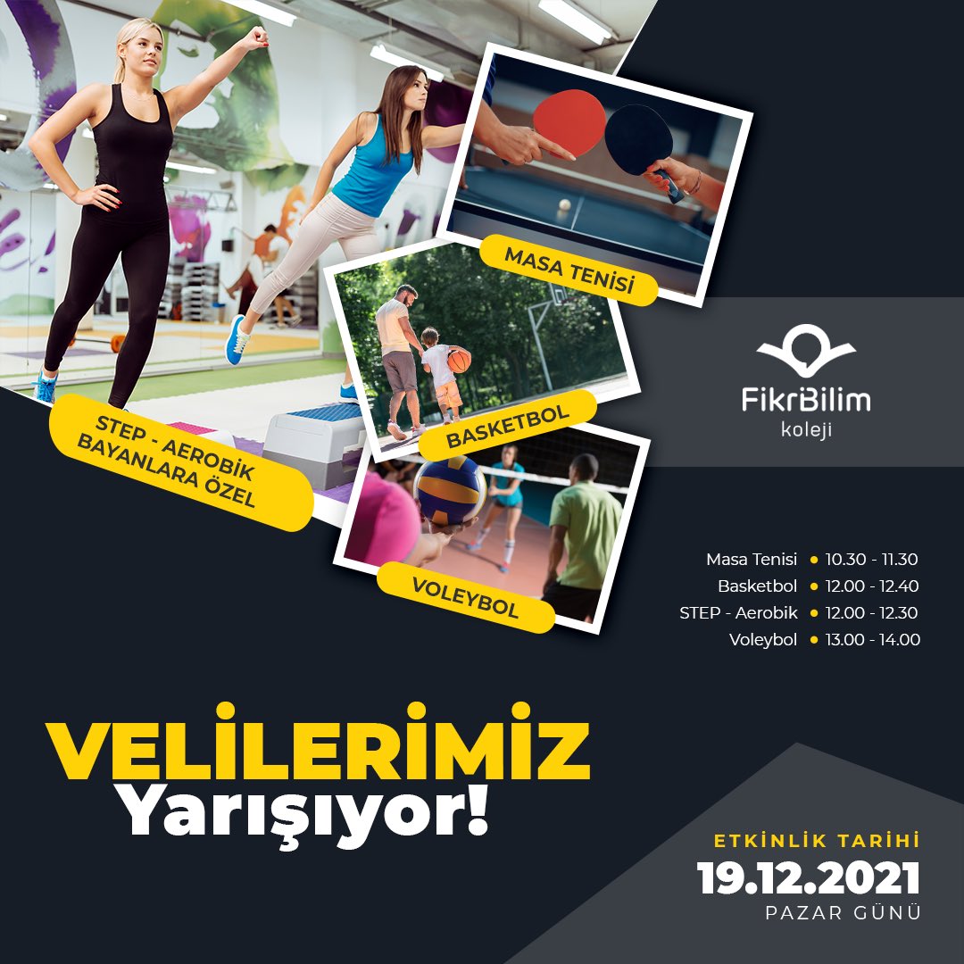 Beden eğitimi bölümümüz tarafından düzenlenen "Velilerimiz Yarışıyor" etkinliğimize davetlisiniz. Müsabakalara katılmak istediğiniz etkinlik için kayıt yaptırmanız (sizlere gönderilen form ile) yeterlidir. 19 Aralık 2021 pazar günü tüm vellilerimizi bekliyoruz.
#fikribilimkoleji