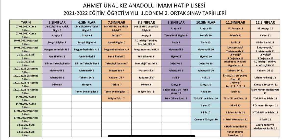 2021-2022 Eğitim-Öğretim Yılı 1.Dönem 2. Sınav Tarihleri.