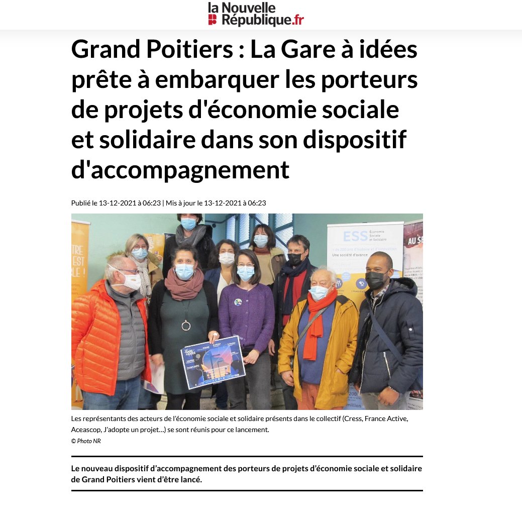 [#ESS #accompagnement]
📢Lancement de la Gare à Idées @Grand_Poitiers @poitiersfr

➡️m.lanouvellerepublique.fr/poitiers%252Fg…

<a href="/CRESS_NvlleAqui/">CRESS Nouvelle-Aquitaine</a> <a href="/jadopteunprojet/">J'adopte un projet</a> <a href="/aceascop/">ACEASCOP</a> <a href="/franceactive/">France Active</a> Capee @ConsortiumCoop Alterbative <a href="/AtisInnovation/">ATIS</a> @ligue_NA <a href="/ScopNouvelle_Aq/">Les Scop Nouvelle Aquitaine</a> @INAE_NouvelleAq <a href="/CRGE_National/">CRGE</a> etc
