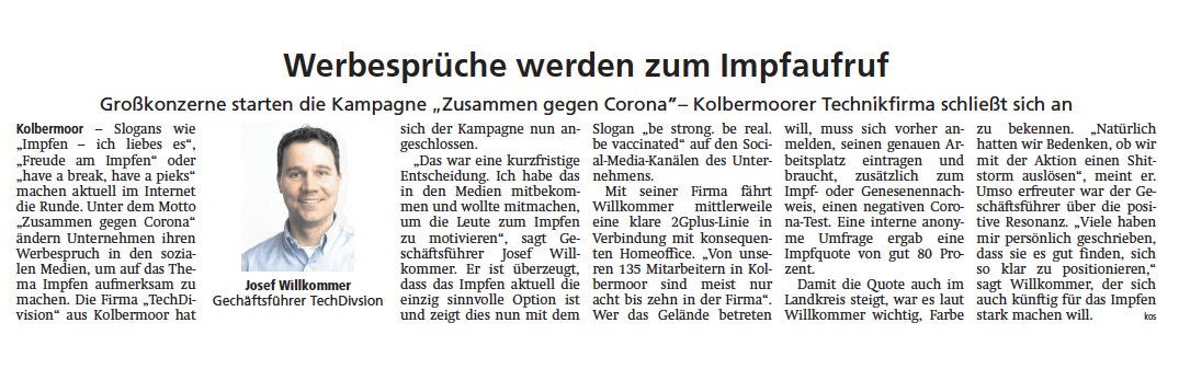 TechDivision's tweet photo. Die Kampagne #ZusammenGegenCorona bricht Rekorde: Nach den 150 zum Start der Kampagne beteiligten Unternehmen ist das Ganze inzwischen auf über 1.000 Unternehmen deutschlandweit angewachsen. Wir finde die Aktion mit #TechDivision auch sehr gut und unterstütze dies ebenfalls! https://t.co/kk3FBBk6MS