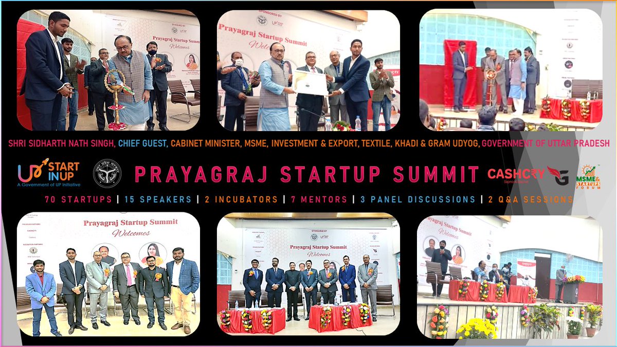 RiteshCNC's tweet photo. Sharing the glimpses of #PrayagrajStartupSummit inaugurated by Chief Guest Mr. @SidharthNSingh Cabinet Minister for @upmsme, @UPGovt! 🙏
@74_alok Sir, an amazing turnaround! 💡
70 #Startups
15 #Panelists
10 #GuestSpeakers
2 #Incubators
7 #Mentors
3 #PanelDiscussions
2 #QASessions https://t.co/SFKhDs0WZd