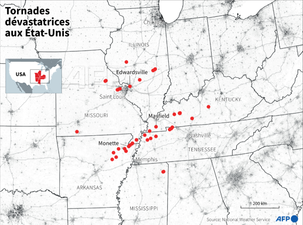 afpfr's tweet photo. Carte des tornades qui ont frappé le centre États-Unis vendredi soir et samedi matin #AFP #AFPgraphics https://t.co/4YuzFSeVKw