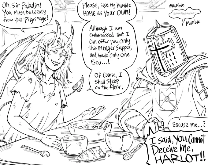 Patreon request: "A Crusader Knight rejects the sexual temptations of a succubus and regrets it."
Drawing an impoverished demon was more difficult than I expected. 
