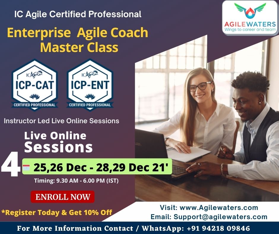 AgilewatersCo's tweet photo. Hurry Up!! Enroll Now.

Be an Enterprise Agile Coach.
Join us for our Enterprise Agile Coach Master Class / Bootcamp (ICP-CAT &amp; ICP-ENT) Virtual Batch from 25,26 Dec -28,29 Dec 21'
For Registration:
https://t.co/ZUCAOXkcQH
Contact / WhatsApp: +91 9421809846

#agile #agilecoach https://t.co/NNm1jTjFWV