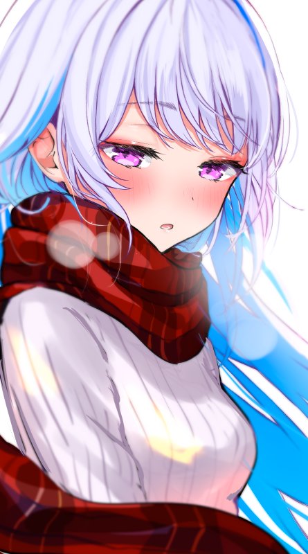 lize helesta 1girl solo scarf blush blue hair purple eyes sweater  illustration images