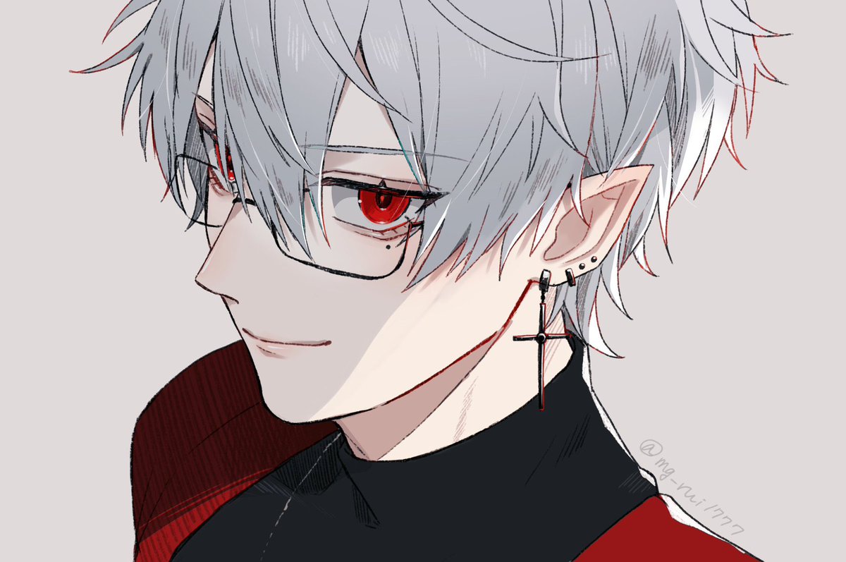 kuzuha (nijisanji) 1boy male focus pointy ears solo jewelry red eyes earrings  illustration images