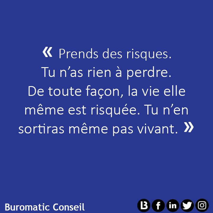 BuromaticC's tweet photo. Bonjour 😀 

C'est lundi ! 

Il est peut-être temps de prendre des risques ? N'est-ce pas ? 

Bonne semaine !

#BuromaticConseil
#Mondayvibes
#Accompagnement
#Etudes
#Conseils
#formations
#entrepreneuriat
#entrepreneurs
#startup
#tpe #pme #pmi https://t.co/CkQugZu4xY