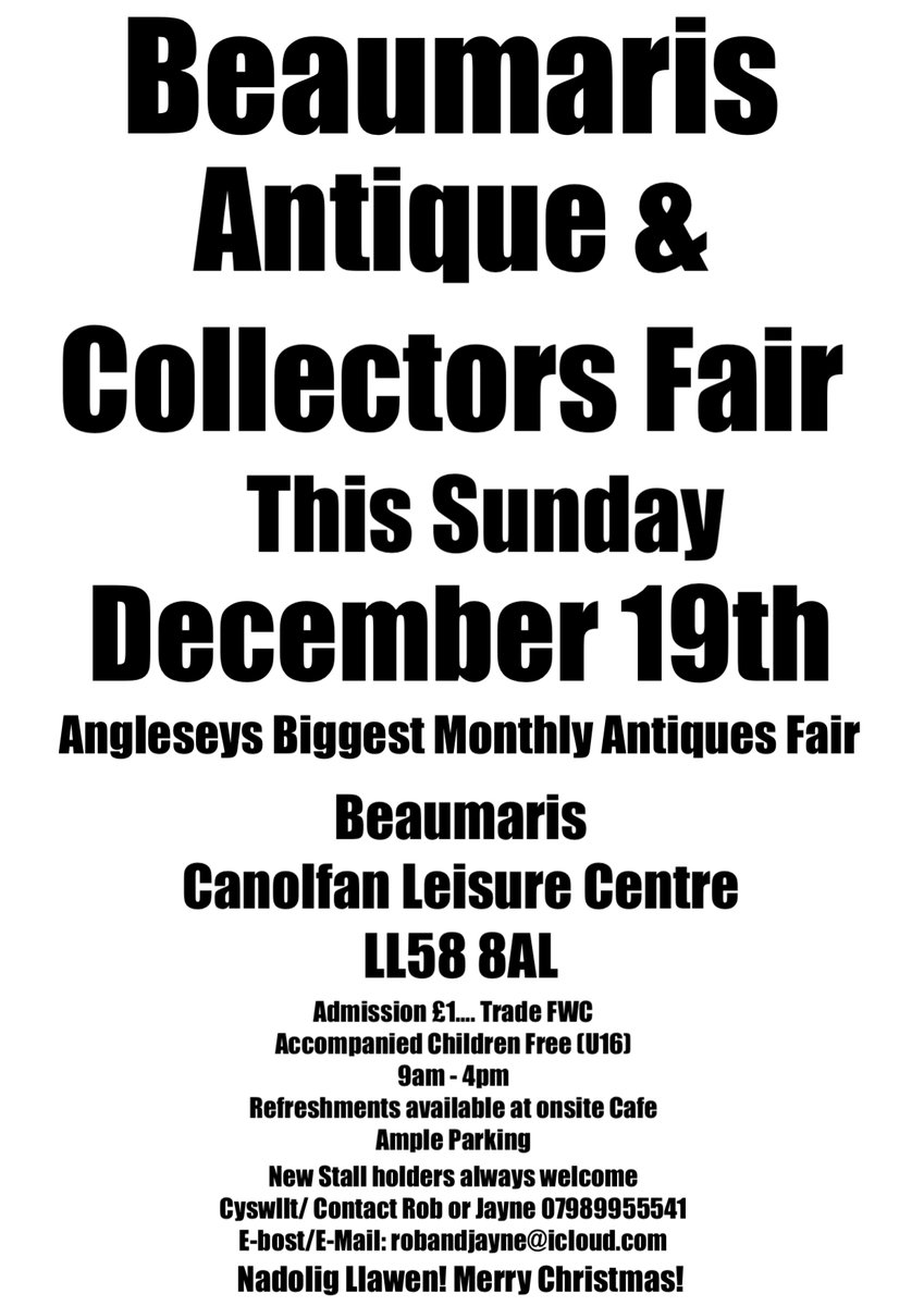 Beaumaris Antiques and Collectors Fair This Sunday Canolfan Leisure Centre 9am - 4pm <a href="/AngleseyScMedia/">Anglesey socialmedia</a> <a href="/VisitAnglesey/">Visit Anglesey</a> <a href="/angleseycouncil/">Isle of Anglesey County Council</a> <a href="/GoNorthWales/">Go North Wales 🏴󠁧󠁢󠁷󠁬󠁳󠁿</a> <a href="/pro_northwales/">#pronorthwales</a> @northwalesblog <a href="/NWalesSocial/">#NorthWalesSocial ⬆️🏴󠁧󠁢󠁷󠁬󠁳󠁿🤝</a> <a href="/WOWalesOnline/">What's On Wales</a> @tattersantiques @CraigHughes666 @whatsonnwales1