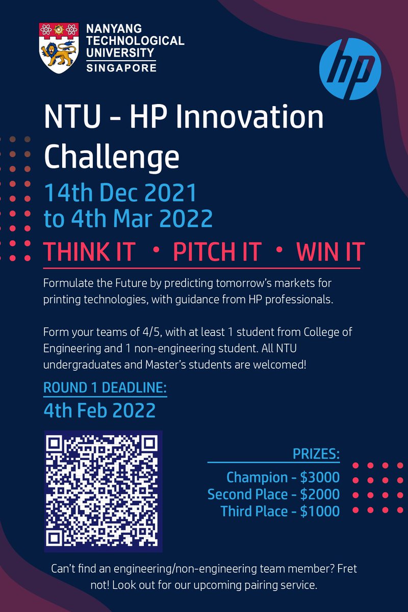 HPCareers's tweet photo. Think It, Pitch It, Win It! Bring your 'A' game and unleash your creativity. Join the HP-NTU Innovation Challenge by scanning the QR code and stand a chance to bring home up to $3000! #ExploreHP https://t.co/J2uoFovMMq