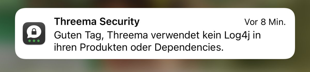 raffisweb's tweet photo. Der Messenger #Threema und dessen Infrastruktur sind nicht von #Log4Shell und der #Log4j-Lücke betroffen. Das habe ich auf Nachfrage von der Sicherheitsabteilung von @ThreemaApp mitgeteilt bekommen. #Logout4Shell https://t.co/oQ8miVuc8p
