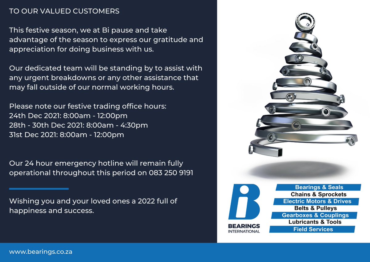 bearingsint's tweet photo. 🎄This #FestiveSeason, we at #BearingsInternational pause and take advantage of the season to express our gratitude and appreciation for doing business with us. 
Our 24-hour emergency hotline will remain fully operational throughout this period on 083 250 9191
#festiveseason2021 https://t.co/Sl8aUmLpxH