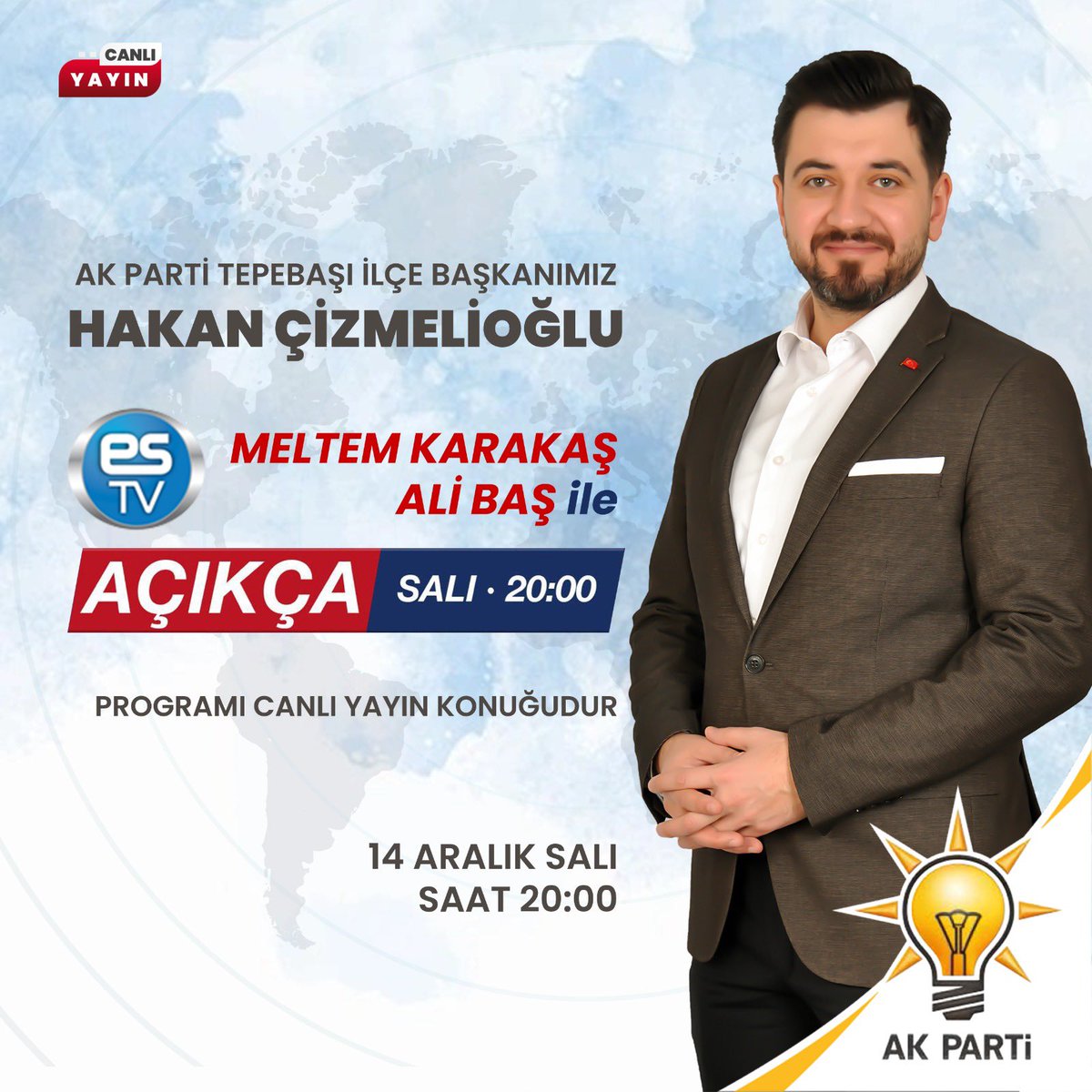 İlçe Başkanımız <a href="/hcizmelioglu/">Hakan Çizmelioglu</a> gündeme dair değerlendirmelerde bulunmak üzere;

🗓 14 Aralık 2021 Salı (Yarın)

🕝 Saat 20:00'da

📍 ESTV'de

Meltem Karakaş ve Ali Baş ile Açıkça Programına canlı yayın  konuğu olarak katılacaktır.