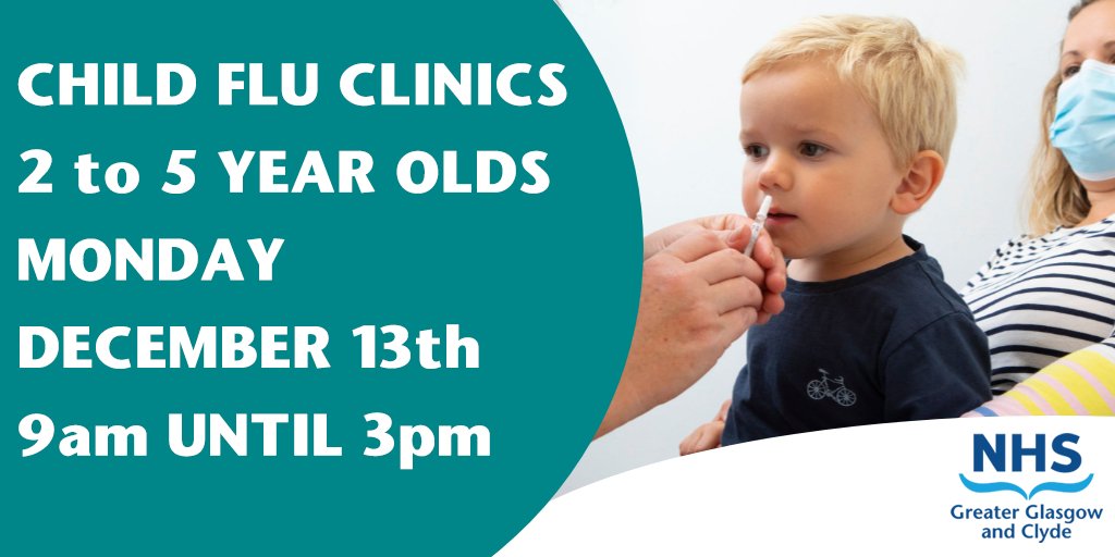 NHSGGC's tweet photo. Bring your child, aged between 2 and 5 years old and yet to start school, to our flu drop-in clinics.
We have two clinics, at the Ferguslie Clinic in Tannahill Centre, and Kirkintilloch Health and Care Centre, open today between 9am and 3pm.
@EDCouncil @RenCouncil π
#NHSGGCC https://t.co/h0VwU6uQMO