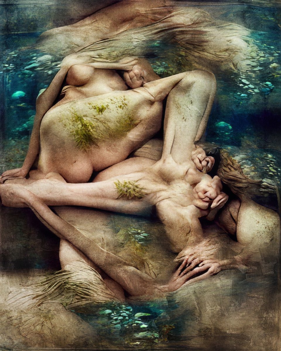 BrooklynSoma's tweet photo. feet planted; head swimming. (in which she finds herself both lost and found.) 

..happy to finally have the first lovingly #GANcrafted piece that feels finished to me. :) 

#vqgan @ganart #nft #hicetnunc2000 #firstmint #tezosart https://t.co/OXfcJmBZHL