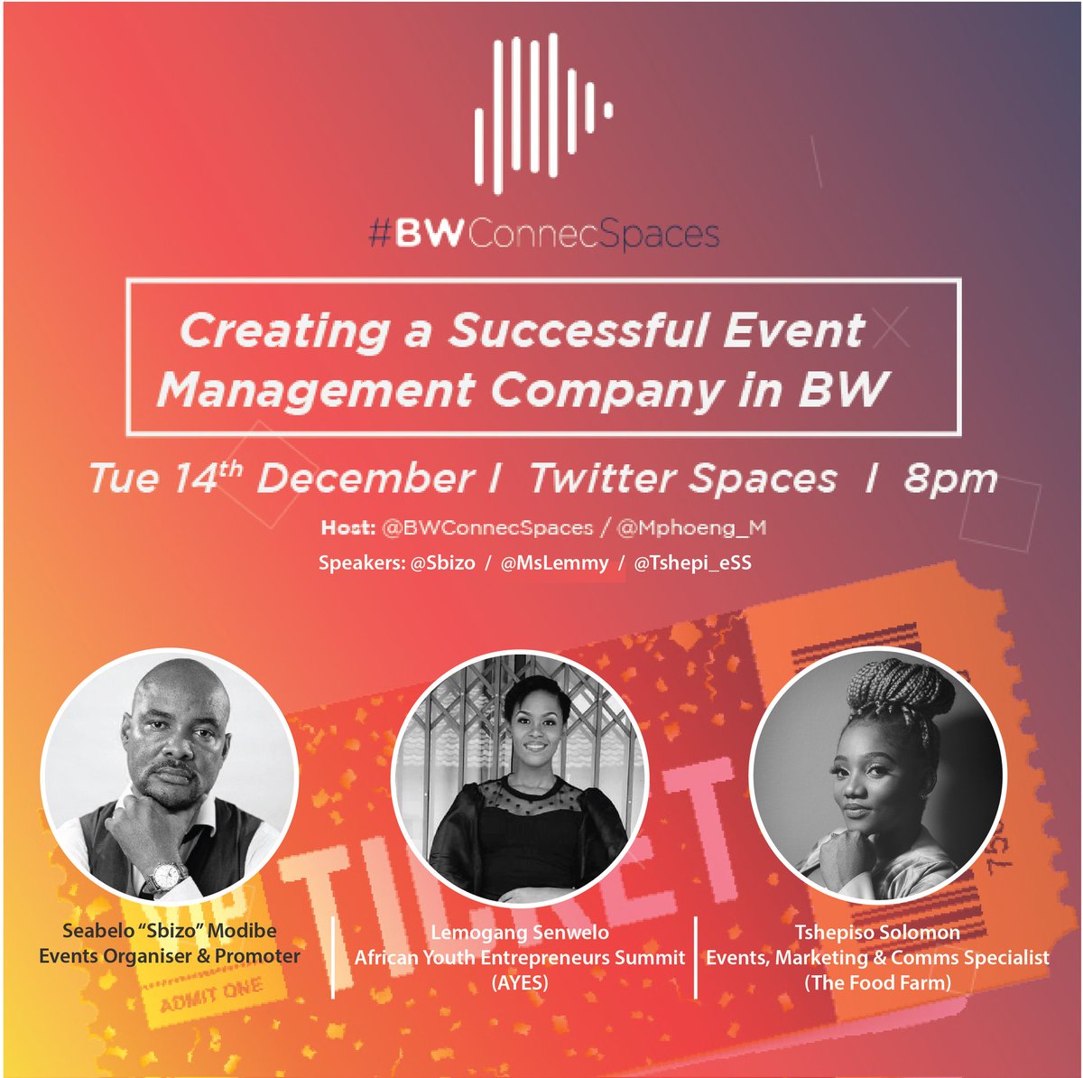 BwConnecSpaces's tweet photo. Space Alert 📢

Our last Space of the year, we discuss a hot topic. Creating Successful Event Management in BW. We are joined by 
@Sbizo @MsLemmy &amp; @Tshepi_esS 

Tune in tomorrow night (Tuesday) at 8pm on #BWConnecSpaces https://t.co/hl1XDKHQYG