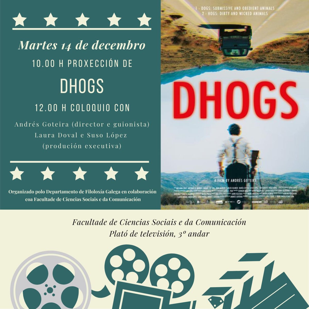 🎬🎥 Mañá ás 10h na Facultade de CC da Comunicación da <a href="/uvigo/">Universidade de Vigo</a> proxección de  <a href="/dhogsfilme/">DHOGSFILME</a>, película triunfadora nos #PremiosMateo producida por <a href="/gaitafilmes/">Gaitafilmes</a>. Contaremos co director <a href="/AndresGoteira/">Andrés Goteira</a> e cos produtores <a href="/atarrecendo/">Suso López</a> e <a href="/lauradvallejo/">Laura Doval Vallejo</a> nun coloquio posterior. Non o perdas!