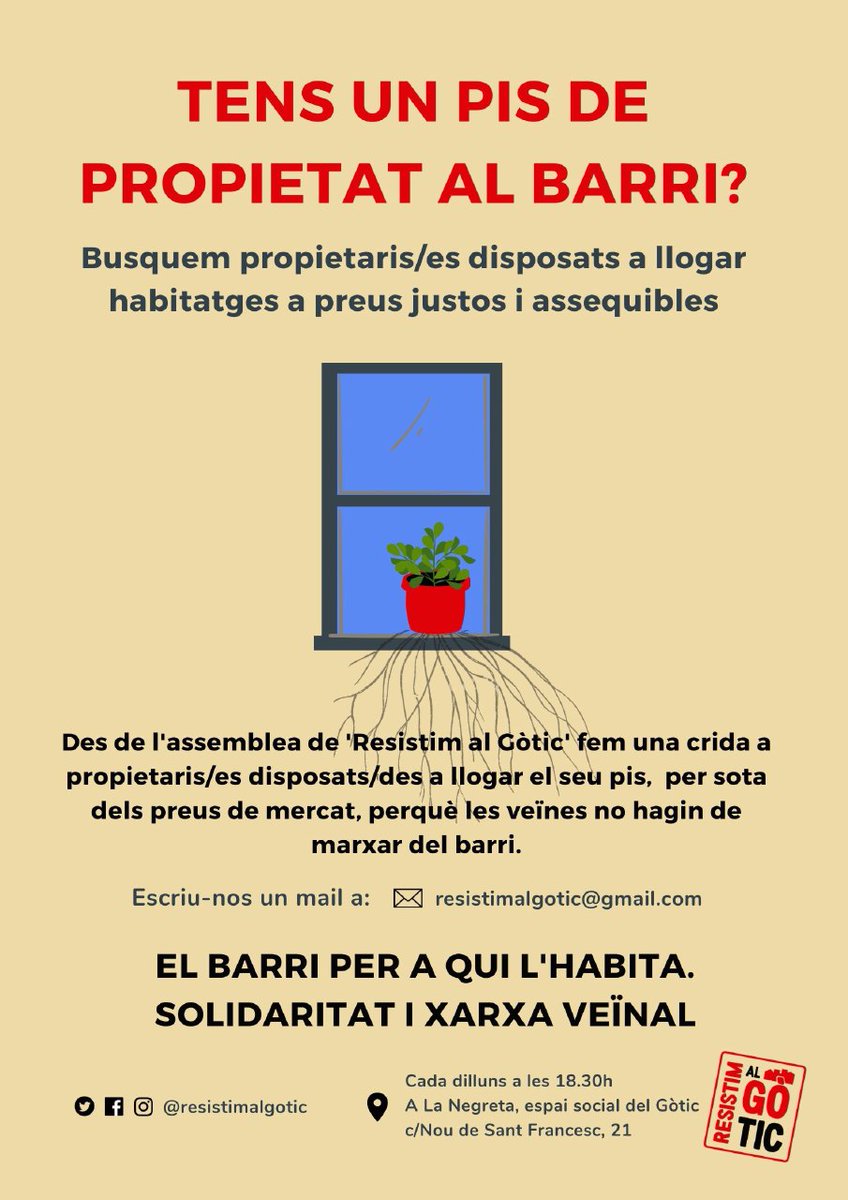 resistimalgotic's tweet photo. 📢 Tens un pis de propietat al barri #Gòtic?

Busquem propietaris/es disposats/des a llogar habitatges, per sota de preu de mercat, perquè les veïnes no haguem de marxar del barri.
Per un barri viu, arrelem. 🌱 #SomBarri

📩 Contacta'ns per mail a resistimalgotic@gmail.com https://t.co/LrNBKaX1Ut
