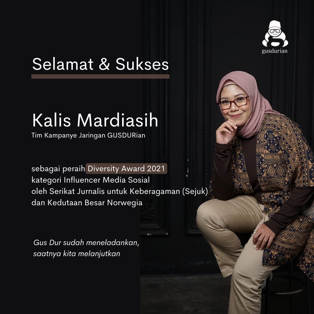 GUSDURians's tweet photo. Selamat @mardiasih yang meraih anugerah Diversity Award 2021 kategori influencer media sosial. Teruslah menebar kebaikan dan memperjuangkan keadilan, utamanya bagi kelompok rentan. https://t.co/EddmfiHf32