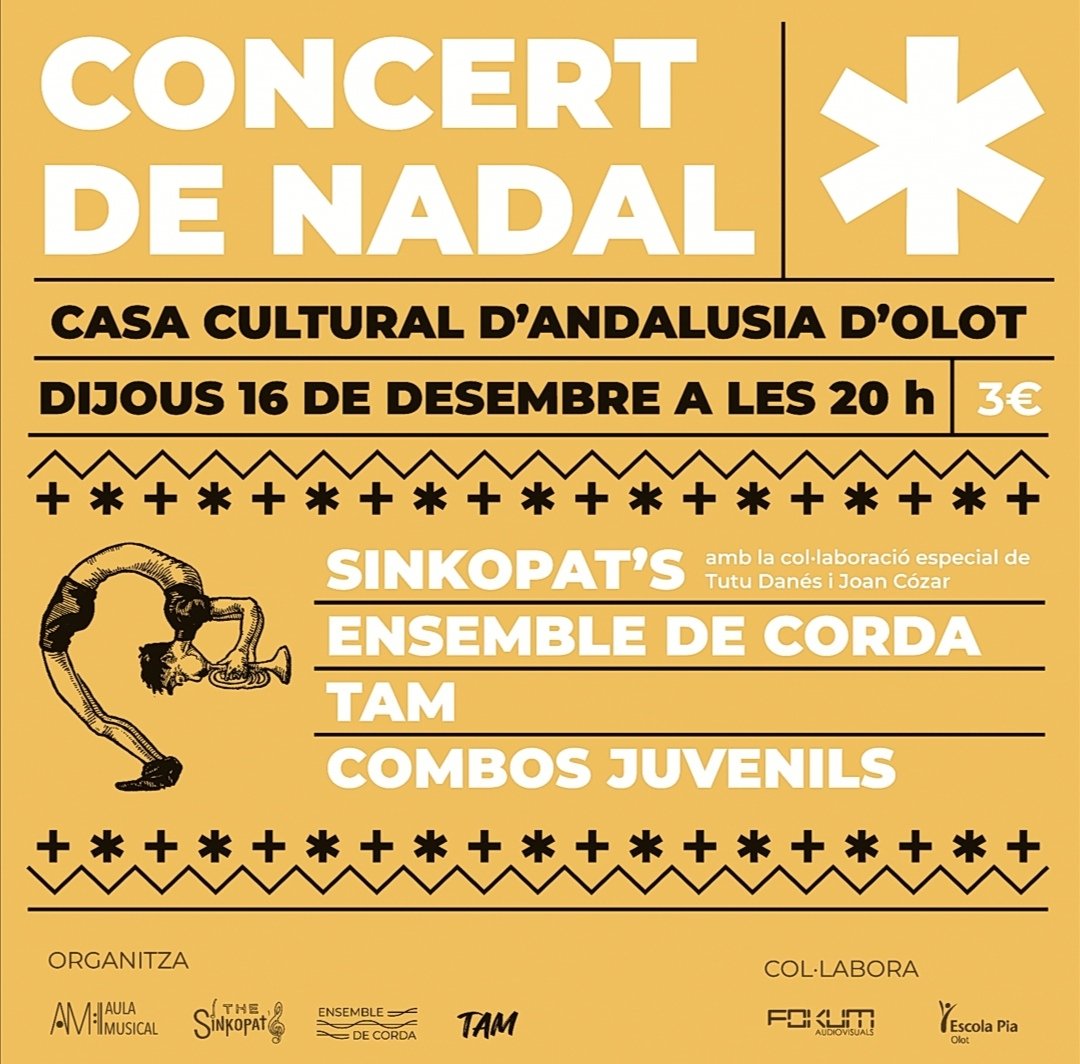 MusicalAula's tweet photo. 📣 L'Aula Musical Olot us convidem al
🎶 CONCERT DE NADAL 🎶
🗓️ 16/12/2021
🕗 20h
🏠 Casa Cultural d'Andalusia
🎷🎹🥁🎤🎻 Combos juvenils, Ensemble de corda, grup de batucada Tam, combo the Sinkopat's.
Entrada: 3 euros

#Aulamusicalolot #música #nadal #olot #Garrotxa https://t.co/KSKLi6yPSM