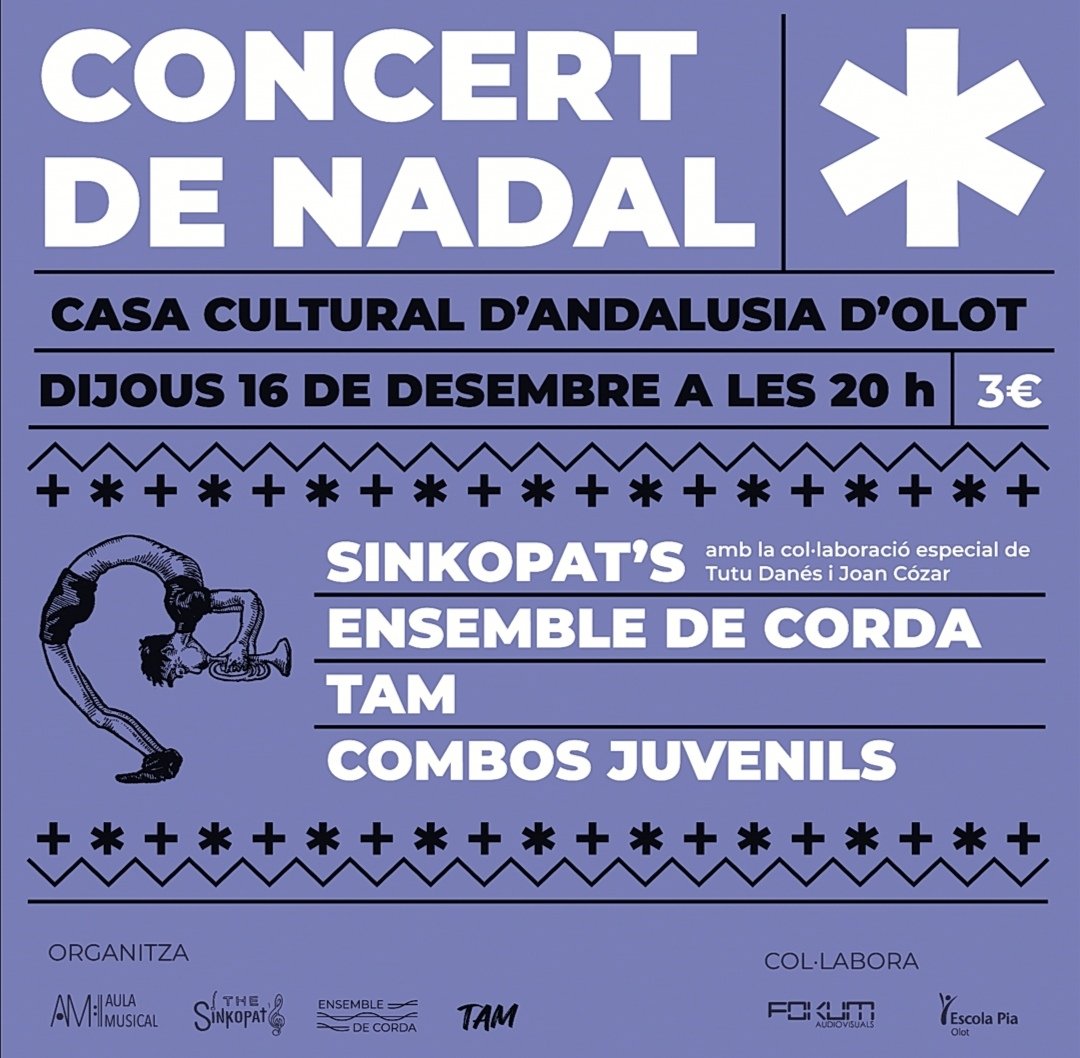 MusicalAula's tweet photo. 📣 L'Aula Musical Olot us convidem al
🎶 CONCERT DE NADAL 🎶
🗓️ 16/12/2021
🕗 20h
🏠 Casa Cultural d'Andalusia
🎷🎹🥁🎤🎻 Combos juvenils, Ensemble de corda, grup de batucada Tam, combo the Sinkopat's.
Entrada: 3 euros

#Aulamusicalolot #música #nadal #olot #Garrotxa https://t.co/KSKLi6yPSM