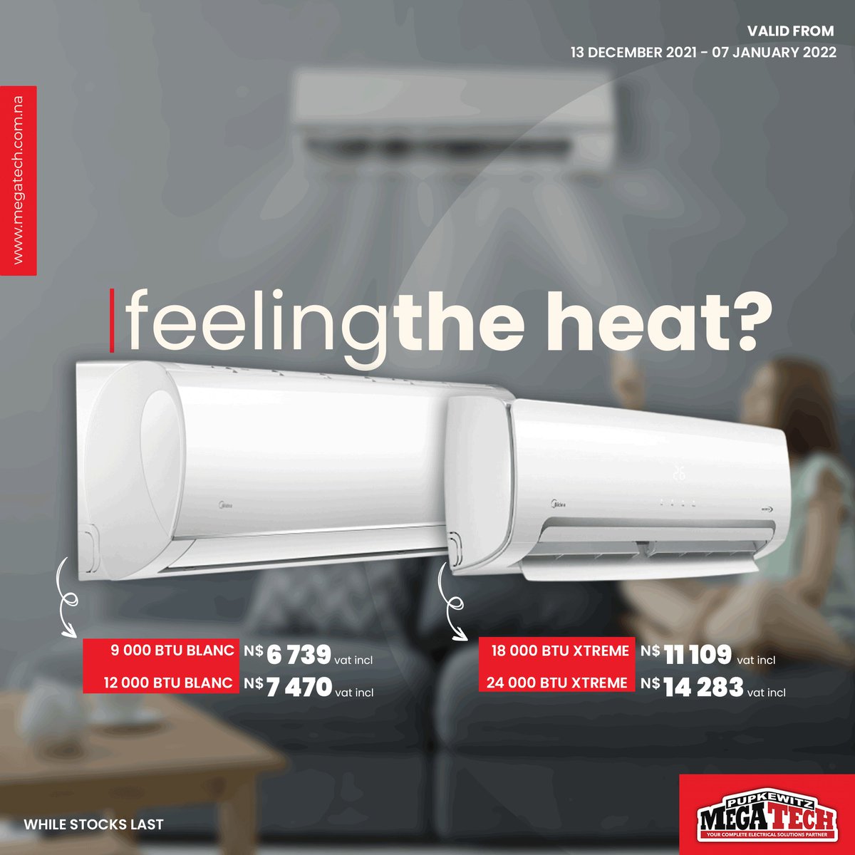 megatechnam's tweet photo. Feeling #hotlikeaheator this #Dezemeba?
The only thing that should be dripping this #Dezemba is your fit not your make-up! π₯΅π
Cool down with these unbelievably low prices on #Midea #Aircons - now available at all Megatech branches!
#pupkewitz #megatech #heat #summer https://t.co/G92qXjWkf9