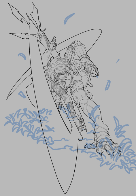 2時間で線画は概ね終わった
しっぽの鱗を描くかは迷う 