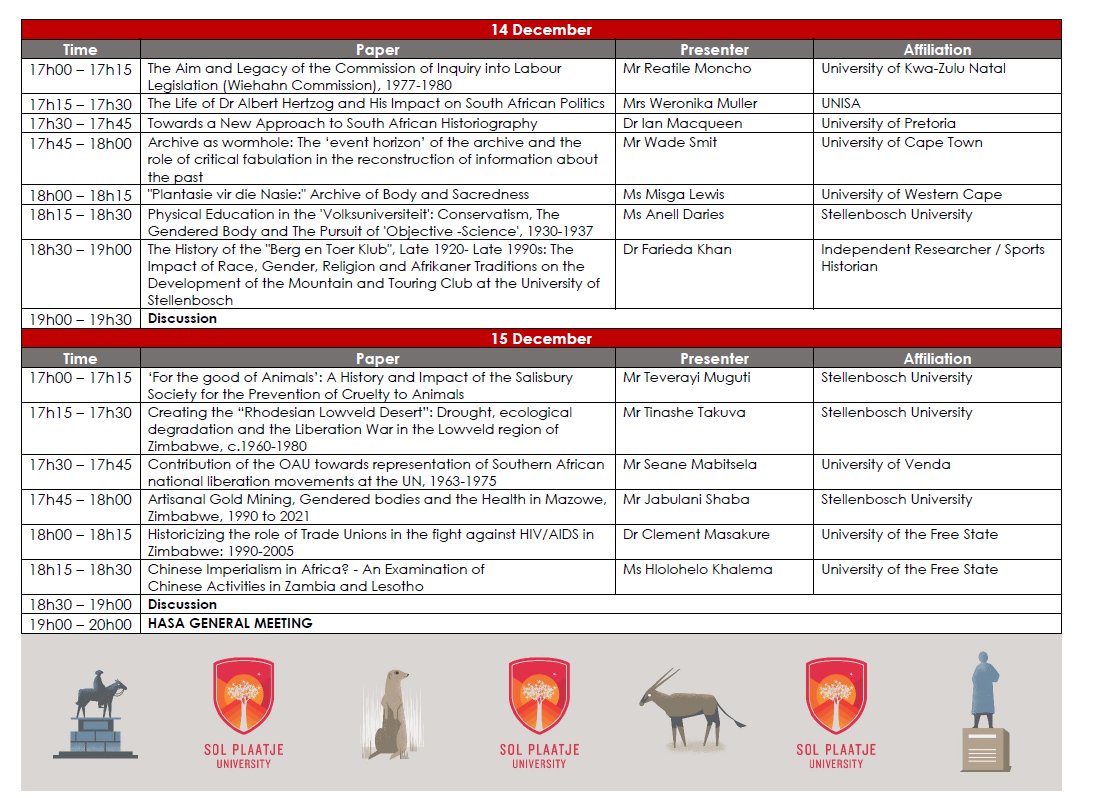 Jo-Ansie van Wyk (@joansievanwyk) on Twitter photo Looking forward to the mini conference of <a href="/SAHistorians/">HASA</a>
13-15 Dec 2021
Great line-up!
hgsa.co.za
<a href="/SAAPSZA/">South African Association of Political Studies</a> <a href="/JAH_editors/">The Journal of African History</a> <a href="/africa_modern/">Modern Africa: Politics, History and Society</a> <a href="/CODESRIA/">CODESRIA</a> <a href="/TC_Africa/">The Conversation Africa</a> @Africa_Archives Looking forward to the mini conference of <a href="/SAHistorians/">HASA</a>
13-15 Dec 2021
Great line-up!
hgsa.co.za
<a href="/SAAPSZA/">South African Association of Political Studies</a> <a href="/JAH_editors/">The Journal of African History</a> <a href="/africa_modern/">Modern Africa: Politics, History and Society</a> <a href="/CODESRIA/">CODESRIA</a> <a href="/TC_Africa/">The Conversation Africa</a> @Africa_Archives