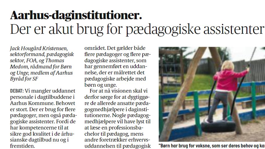FOA_dk's tweet photo. Sådan, Aarhus! Dét er nemlig en sikker vej frem til flere pædagogisk uddannede til #minimumsnormeringer og det stigende antal børn: Uddan flere pædagogiske assistenter, opkvalificér dygtige pæd.medhjælpere, og giv uddannede jobgaranti #dkpol #kompoldk #bhvchat #godtbørneliv https://t.co/8WLwksBABk
