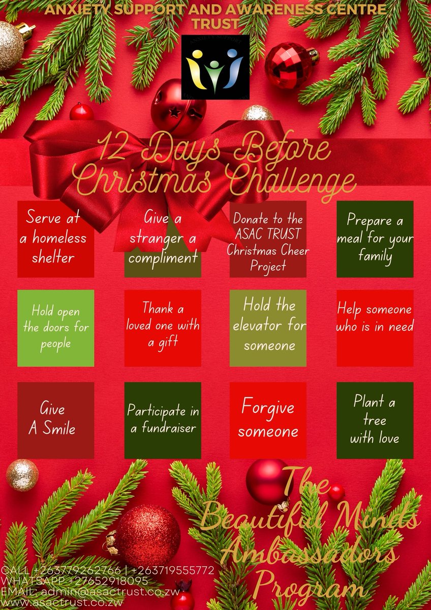 Today on the 13th of December 2021 we begin our 12 Days Before Christmas Challenge. Follow us on all social media platforms <a href="/TheASACTrust/">Anxiety Support and Awareness Centre</a> and post what you have done for your challenge.
#12DaysOfChristmasMentalHealth
#ChristmasCheer