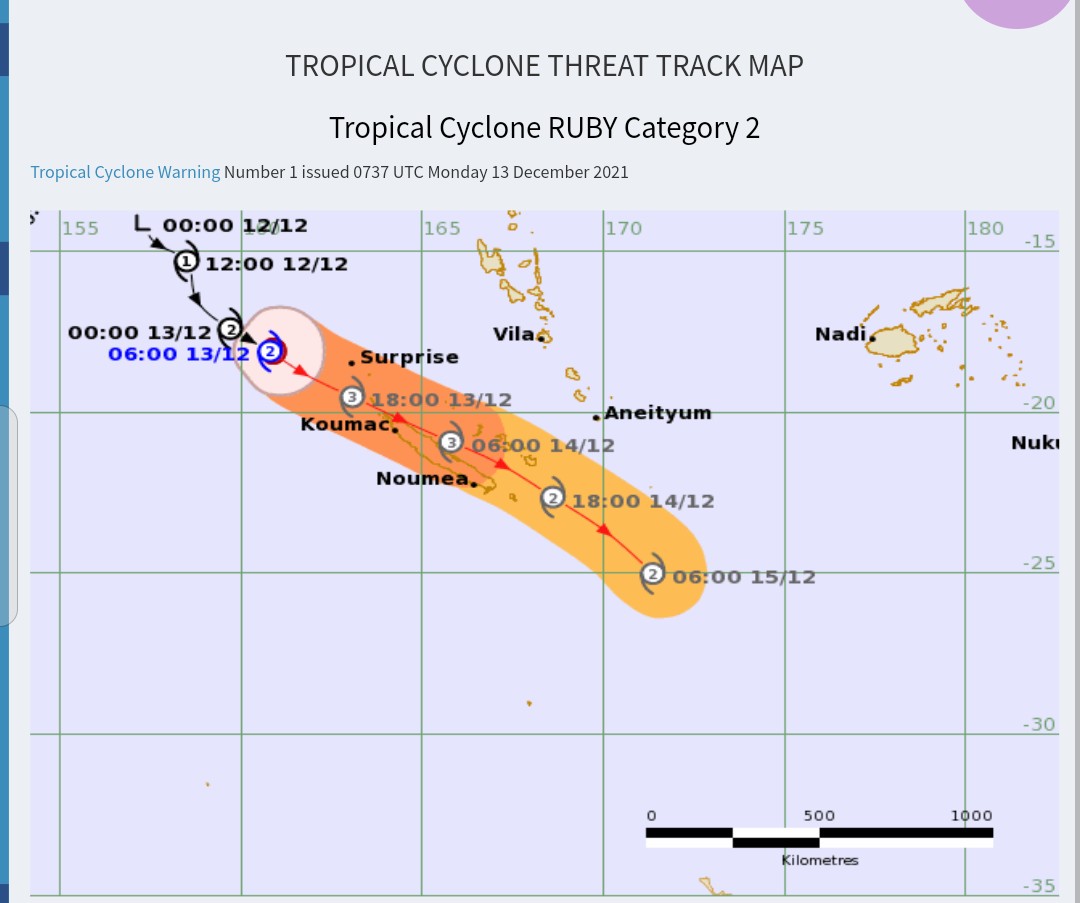 MWPU_1's tweet image. 𝗧𝗥𝗢𝗣𝗜𝗖𝗔𝗟 𝗖𝗬𝗖𝗟𝗢𝗡𝗘 𝗥𝗨𝗕𝗬🌀
#TCRuby 𝗖𝗮𝘁 2️⃣🟠
(𝑢𝑝𝑑𝑎𝑡𝑒 7𝑝𝑚)
𝗣𝗥𝗘𝗦𝗦𝗨𝗥𝗘: 980 hPa
𝗪𝗜𝗡𝗗: 110km/h
𝗚𝗨𝗦𝗧𝗦: 155km/h
𝗟𝗢𝗖𝗔𝗧𝗜𝗢𝗡:  18.1°S 160.0°E
𝗧𝗥𝗔𝗖𝗞𝗜𝗡𝗚: SSE at 24 km/h

ℹ️ @FijiMet
#𝗠𝗪𝗣𝗨🌀