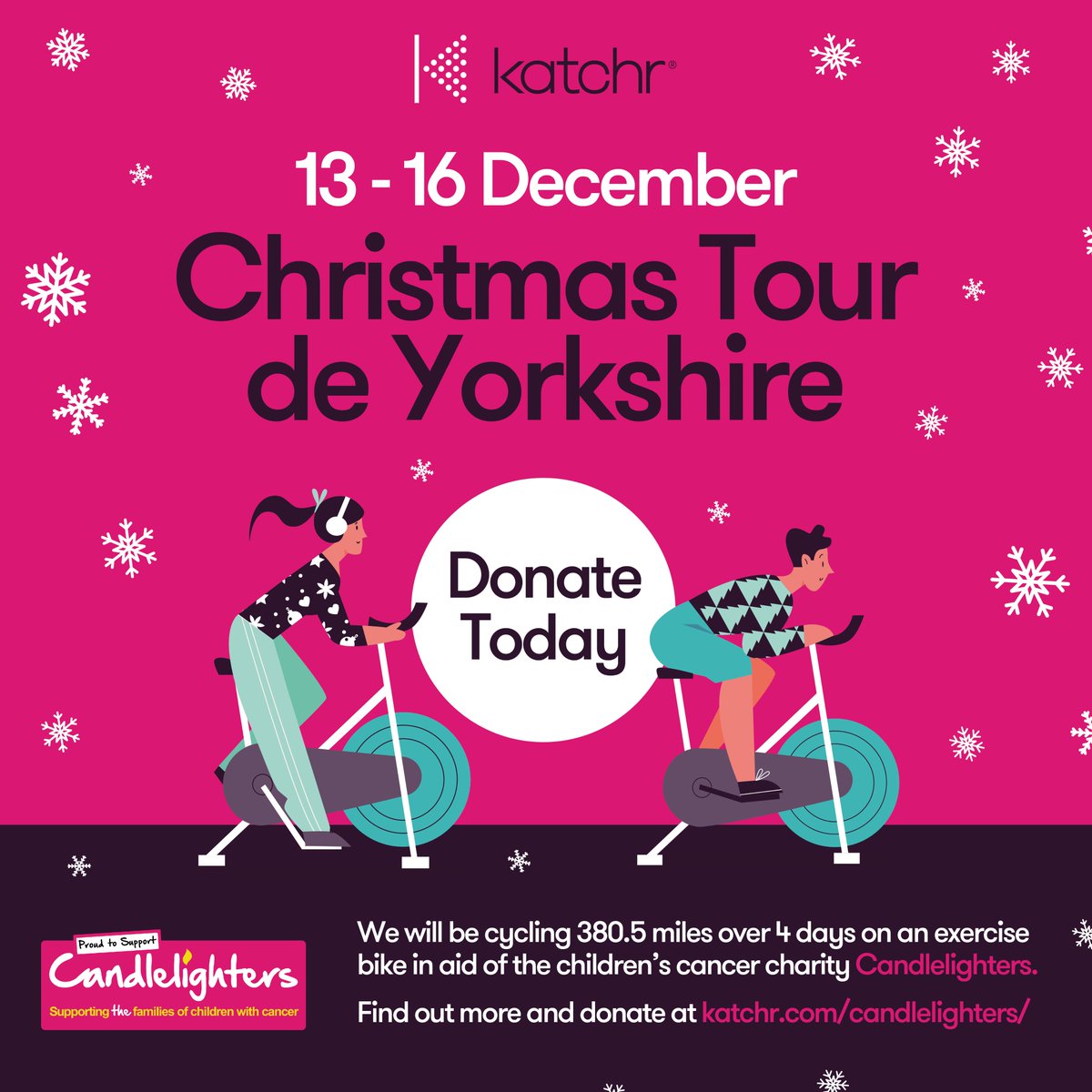 This week, we are mostly riding an exercise bike for charity! The warm and dry way to raise £10,000 for Yorkshire children’s cancer charity, Candlelighters Trust. Look out for some sweaty updates. In the meantime, please help us by donating here:

candlelighters.enthuse.com/pf/katchr