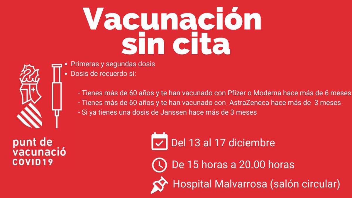 GVAclinic's tweet photo. 📌📢La setmana 13 al 17 desembre, tenim un punt de vacunació #COVID_19 sense cita al #HospitalMalvarrosa 👇👇👇👇👇👇

🙌T'esperem! https://t.co/90Lk13eUNE