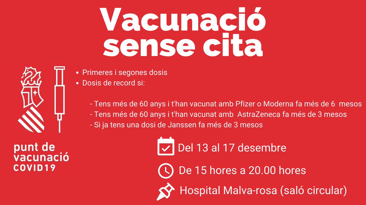 GVAclinic's tweet photo. 📌📢La setmana 13 al 17 desembre, tenim un punt de vacunació #COVID_19 sense cita al #HospitalMalvarrosa 👇👇👇👇👇👇

🙌T'esperem! https://t.co/90Lk13eUNE