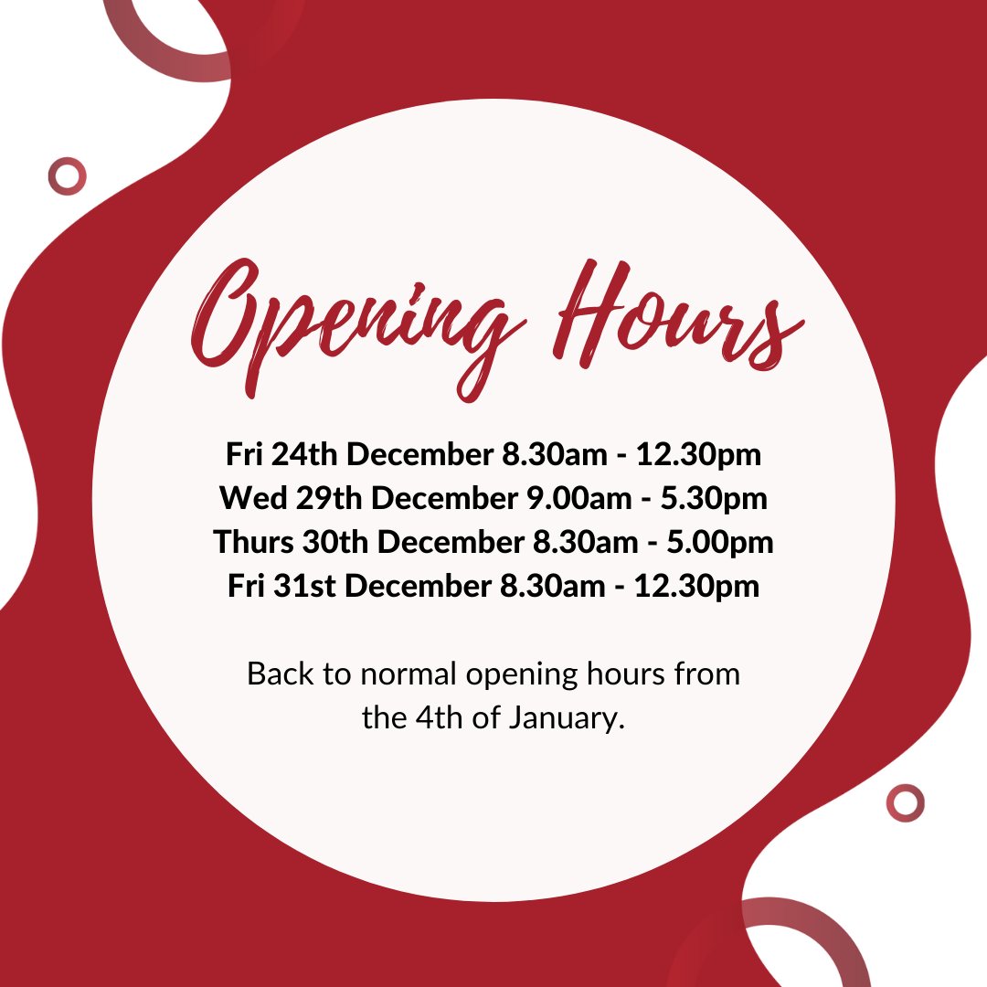 ⏰ #OpeningHours ⏰
We are open as normal up until the 23rd of Dec. 

Fri 24th Dec 8.30 - 12.30
Wed 29th Dec 9.00 - 5.30
Thurs 30th Dec 8.30 - 5.00
Fri 31st Dec 8.30 - 12.30

Back to normal opening hours - 4th of Jan. 

Kickstart your 2022 with healthy and happy feet. #BookNow🏃