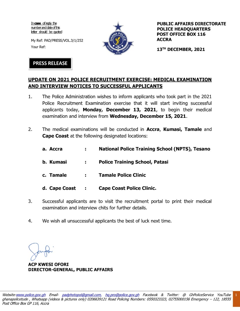 GhPoliceService's tweet photo. Update on 2021 Police Recruitment Exercise: Medical Examination and Interview Notices to Successful Applicants
Read more from the link below; 

https://t.co/tveR4wCoDy https://t.co/sqEgqNWwYH