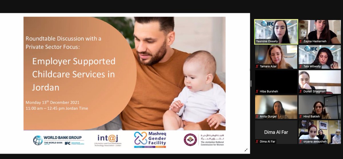 ZaynaHamarneh's tweet photo. Happening now: a virtual round table discussion about Employer Supported Childcare Services in Jordan 
#MGFJordan @WorldBank @IFC_org https://t.co/70GRWFFuJd