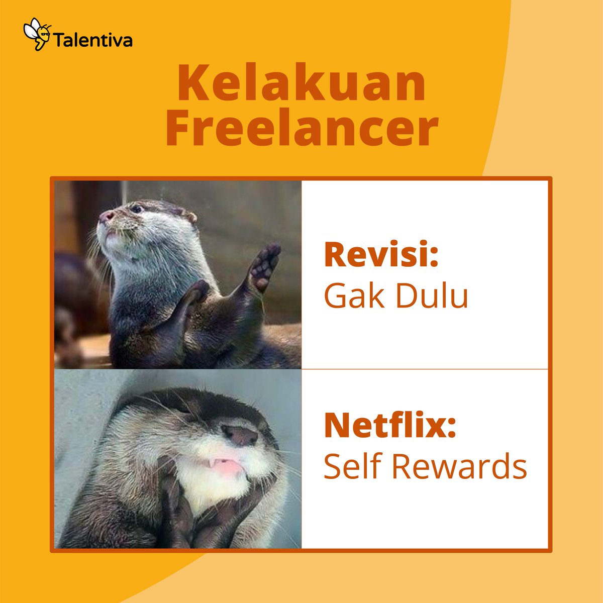 Talentiva's tweet photo. Siapa yang senangnya menunda pekerjaan dan saatnya deadline justru misuh-misuh? ��� 

Formatnya berubah jadi 30% kerja dan 70% self rewards. Bener gaaak? #lowongankerja2021 https://t.co/VNntpONQDR