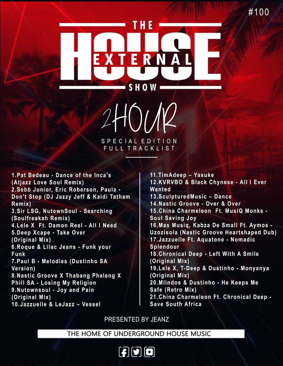 JeanzSA_'s tweet photo. The House External Show 100th Edition (2hour Special Mix By Jeanz)

Download Links:

https://t.co/dng1ocM5LA 

https://t.co/tJyqQdRHPq 

#HouseMusic #Deephouse #podcast #radioshow https://t.co/734NIQVVcX