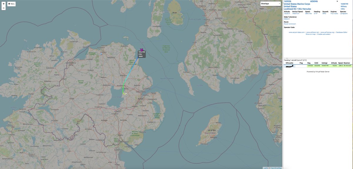 GI7SOB's tweet photo. The KC-130J which arrived at Aldergrove on Saturday, departed this morning routing to Bardufoss:
#AE6046 Yanky 99 USMC KC-130J 169536 VMGR-452 EGAA/ENDU https://t.co/Vu9c4e0zN7